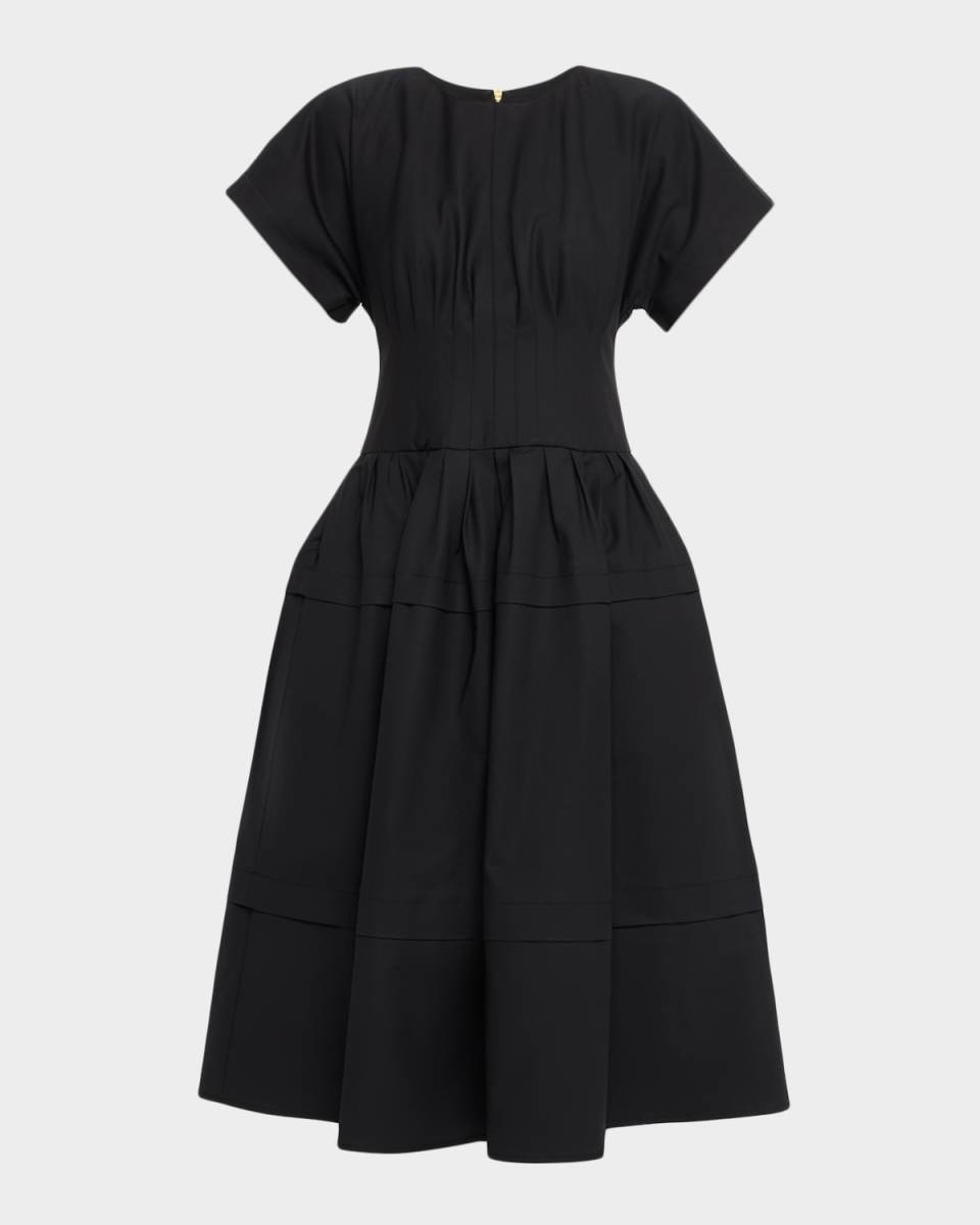 Short-Sleeve Pleated-Waist Midi Dress